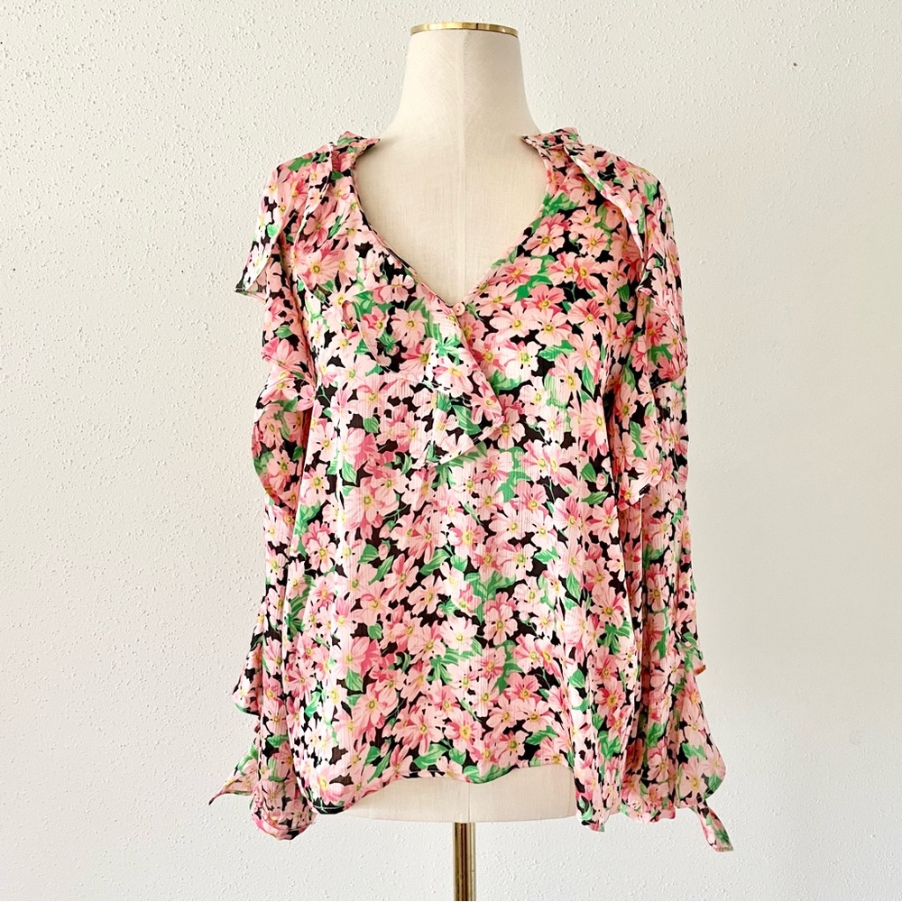 ZARA Women's Size Medium Pink Floral Long Sleeve V-Neck Ruffle Loose Blouse Top - Picture 11 of 11